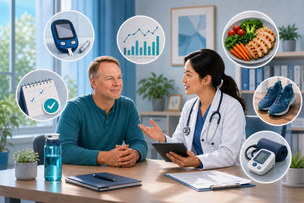 Arztgespräch zu Diabetes Management mit Blutzuckermessgerät, Ernährungsplan,