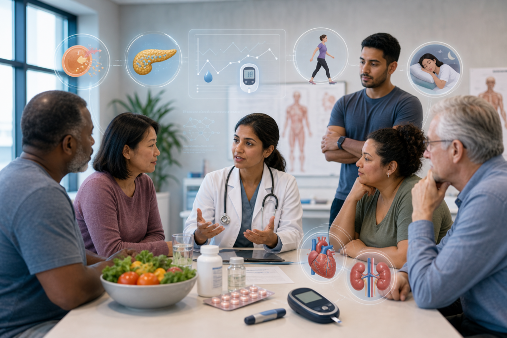 Ärztin berät eine Gruppe zu Diabetes, Ernährung, Bewegung, Schlaf und