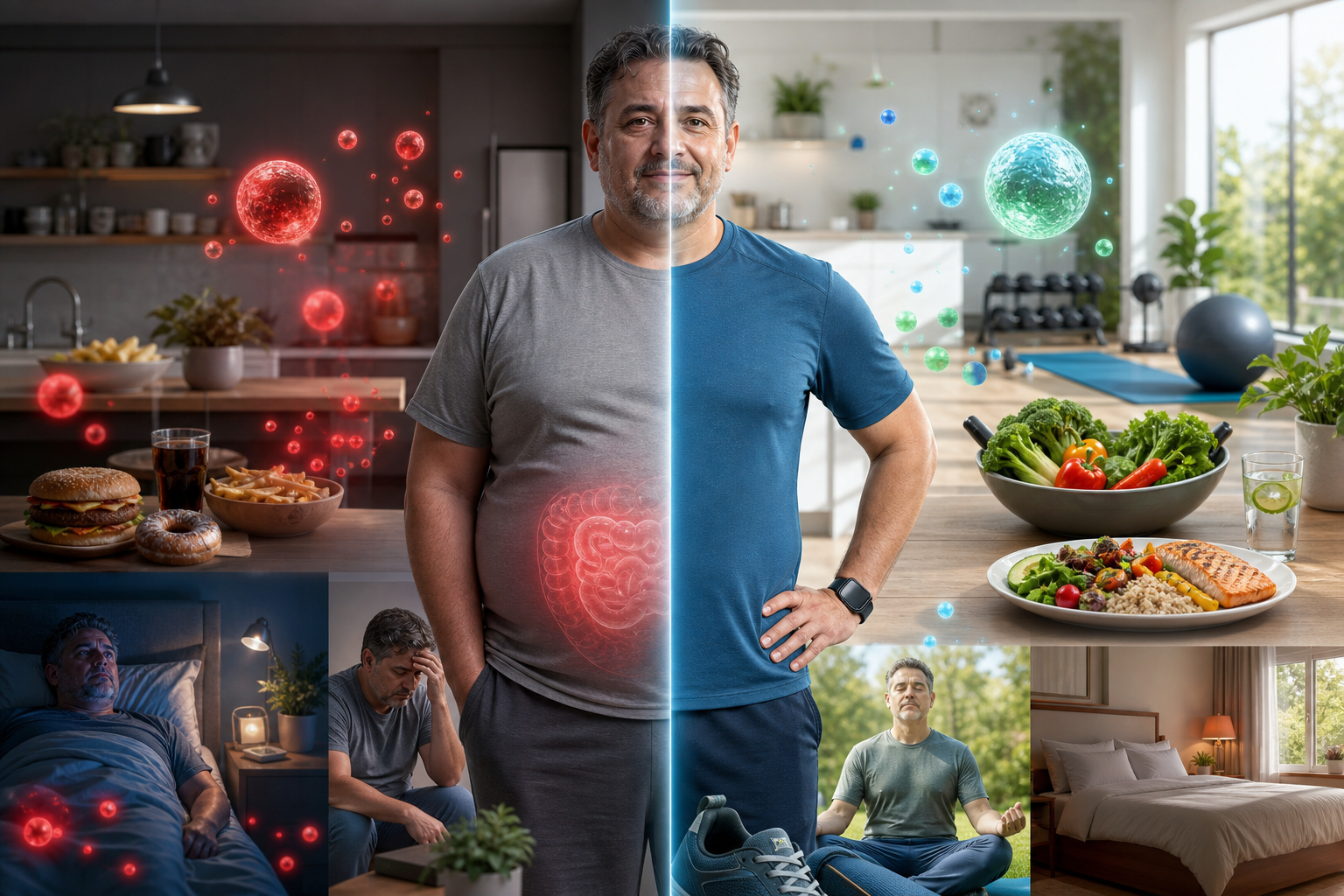 Vorher nachher Darstellung eines Mannes: ungesunde Ernährung und Stress links,